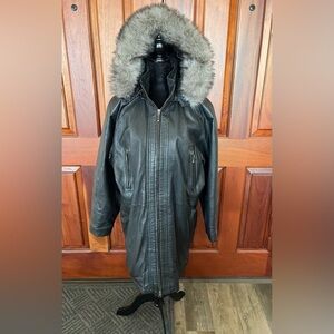 Wilsons Leather Black Hooded Mid Length Coat Parka S Women Faux Fur Trim